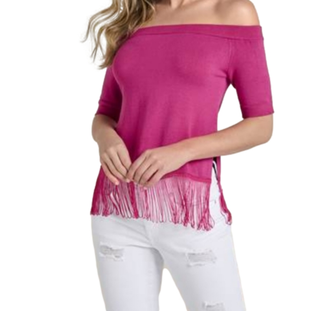 Venus Pink Off -the- Shoulder Pink lightweight sweater with fringe at hem Sz M